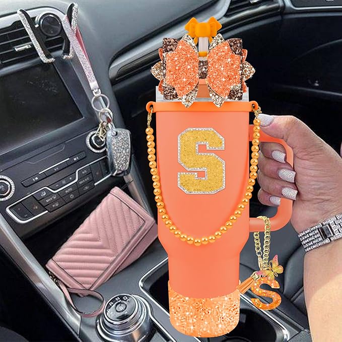 9PCS Orange for Stanley Cup Accessories Set Bling Initials Bow Charms for Stanley Decorations 30/40 Oz Tumbler Accessories Including Bow Straw Topper, Handle Strap, Spill Stopper（Letter S）