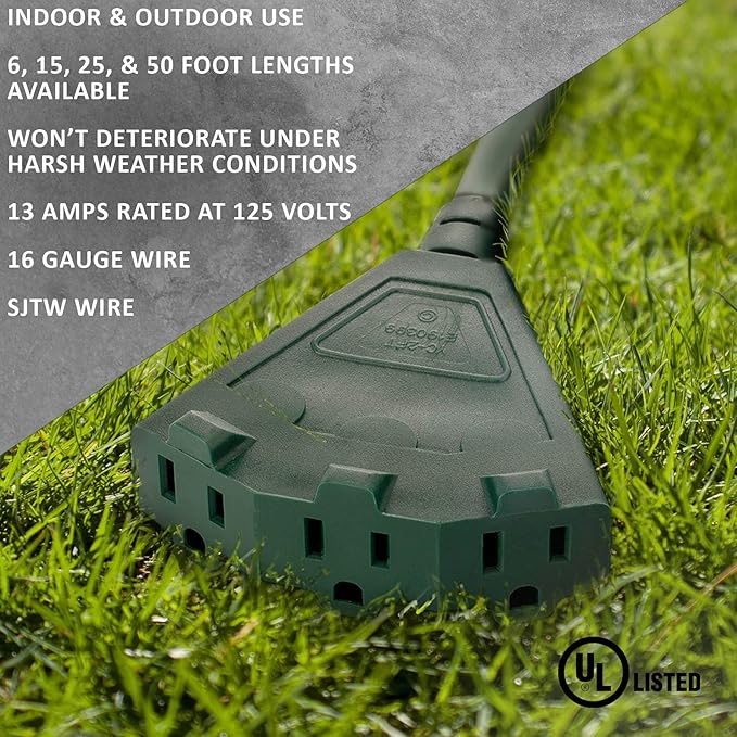 Holiday Lighting Outlet 15-Foot Green Extension Cord, 3-Prong Indoor & Outdoor Splitter, Perfect for Landscape Lighting