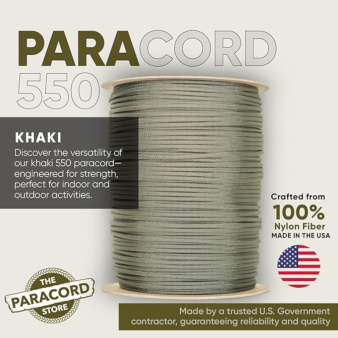 The Paracord Store | Type III 550 Paracord - 250 FT Spool, Khaki | Heavy Duty 7 Strand Tactical Paracord - USA Made Nylon Outdoor Parachute Cord for Camping, Fishing & More - Survival Cord