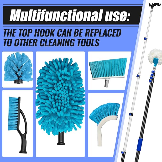 7-30 ft Telescopic Extension Pole with Utility Hook, Multi-Purpose Aluminum Pole for Painting, Dusting and New Year Window Cleaning Christmas Lights Installation Without a Ladder(Blue)