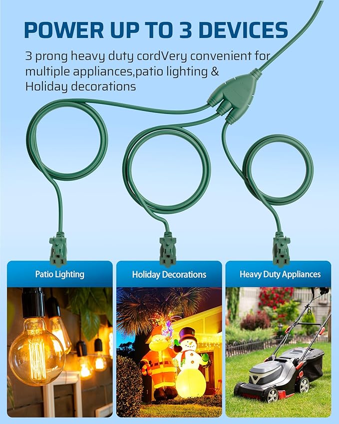 DEWENWILS 13Ft End to End Outdoor Extension Cord Multiple Outlets, Evenly Spaced 3 Outlets Plugs with Cover, 16/3 SJTW Weatherproof Wire for Outdoor String Lights and Holiday Decorations, 1 Pack