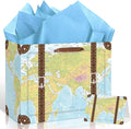 Vintage Suitcase Gift Bag Travel Birthday Wrapping Paper Bag with Card and Tissue Paper World Map Adventure Gift Wrap Bag for Birthday Retirement Graduation Wedding Bride Shower Farewell Party