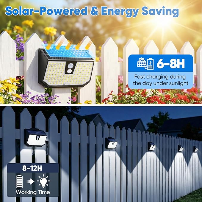 Brightever Motion Sensor Solar Lights Outdoor Waterproof, 6 Packs Super Bright Solar Fence Lights with 3 Lighting Modes, Solar Powered Security Wall Lights for Outside, Yard, Pathway, Garden, Deck