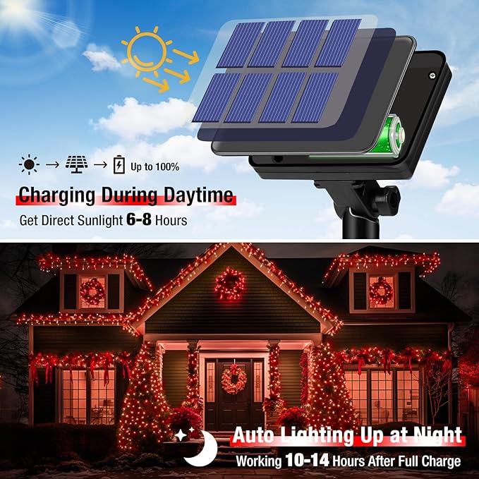 btfarm 4 Pack Solar String Lights Outdoor - 320LED 132FT Solar Fairy Lights Outside Waterproof 8 Modes, Copper Wire Solar Powered Twinkling Lights for Tree Garden Christmas Wedding Party Decor, Red