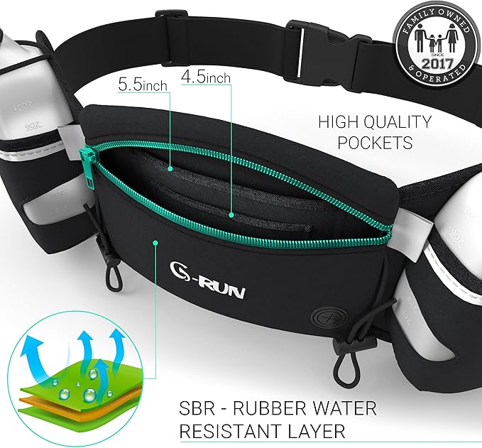 Q-RUN Hydration Running Belt with 2 x 10oz Water Bottles, No Bounce Adjustable Waist Belt for Men & Women, Marathon Running Gear