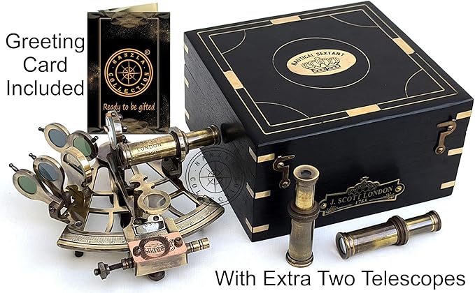 J. Scott London Brass Ship Sextant with Hardwood Box – Vintage Nautical Marine Navigation Instrument, Collectible Maritime Decor Handmade Gift for Father's Day, Baptism, Partner, Best Men, Graduation
