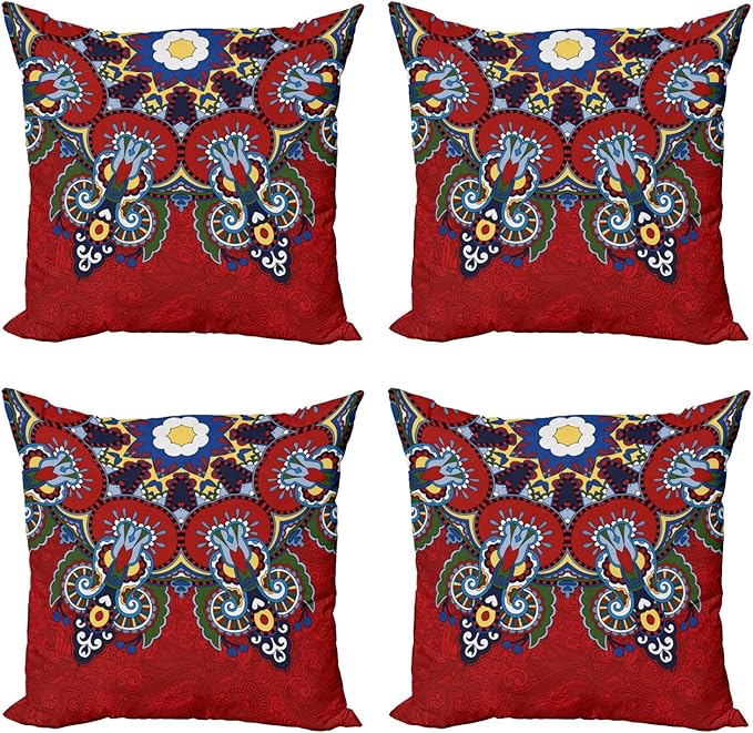Ambesonne Mandala Throw Pillow Cushion Case Pack of 4, Color Jumble of Lace Like Flowers Leaves Swirls Vintage Illustration Folk Themed, Modern Accent Double-Sided Digital Printing, 16", Red