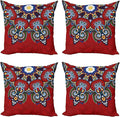 Ambesonne Mandala Throw Pillow Cushion Case Pack of 4, Color Jumble of Lace Like Flowers Leaves Swirls Vintage Illustration Folk Themed, Modern Accent Double-Sided Digital Printing, 18", Red
