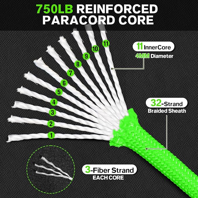 Paracord Rope 750 - Parachute para Cord 4mm 11 Strand Spool Rope Utility Nylon String for Outdoor Camping Survival Utility Tent Crafting DIY Projects - Neongreen 200ft