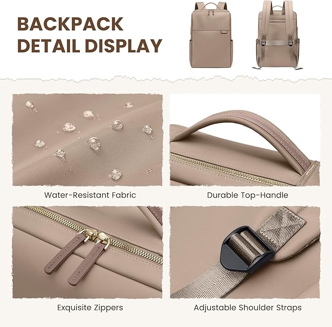 Laptop Backpack for Women, Work Business Traval Computer Backpacks with Laptop Compartment Waterproof Casual Daypack for Travel College,14Inch,Champagne Brown