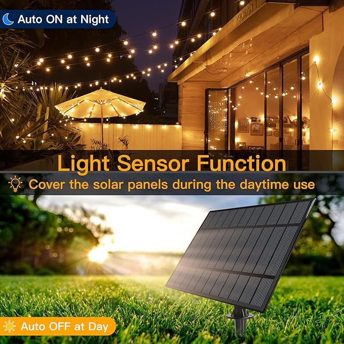 Ollny 60FT Solar Lights Outdoor, Waterproof Remote Control Dimmable Timers 3Modes String Light with 25 LED + 2 Spare Shatterproof Bulb, G40 Patio Lights for Outside Garden Yard Fence Porch