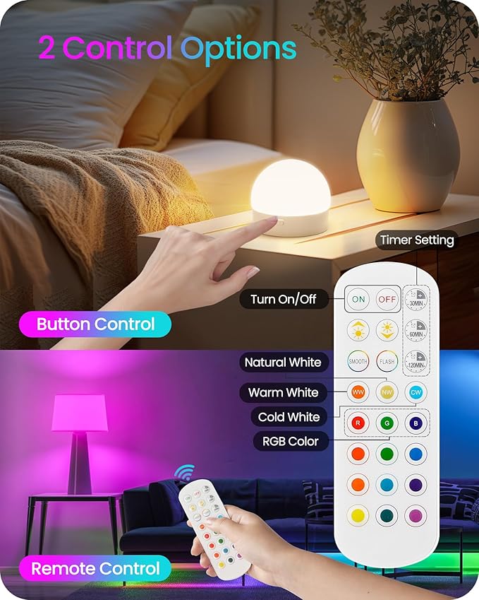 Rechargeable Light Bulbs with Remote Control, 4 Packs E12 Battery Operated Light Bulbs, 3 Timer 15 Colors Selectable, Dimmable Wireless RGB LED Bulb, Non-Hardwired, R08YBP405