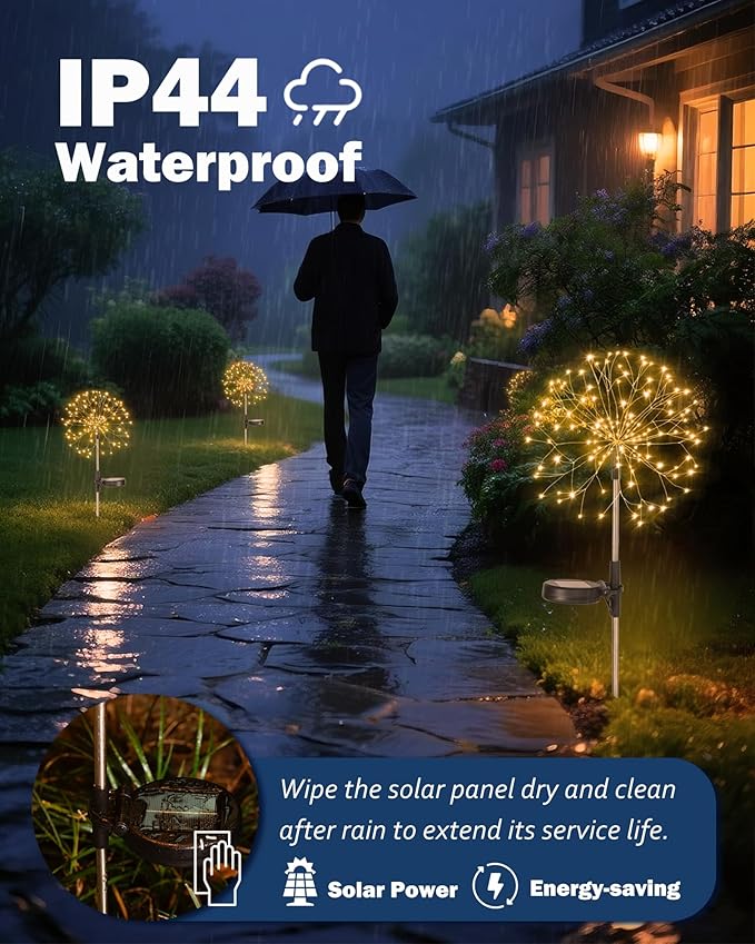 Solar Garden Lights Outdoor Yard Decorations, 2 Pack 150Leds Pathway Lights Stake, Fairy Firework Light for Garden, Patio, Pathway, Flowerbed Gold Color