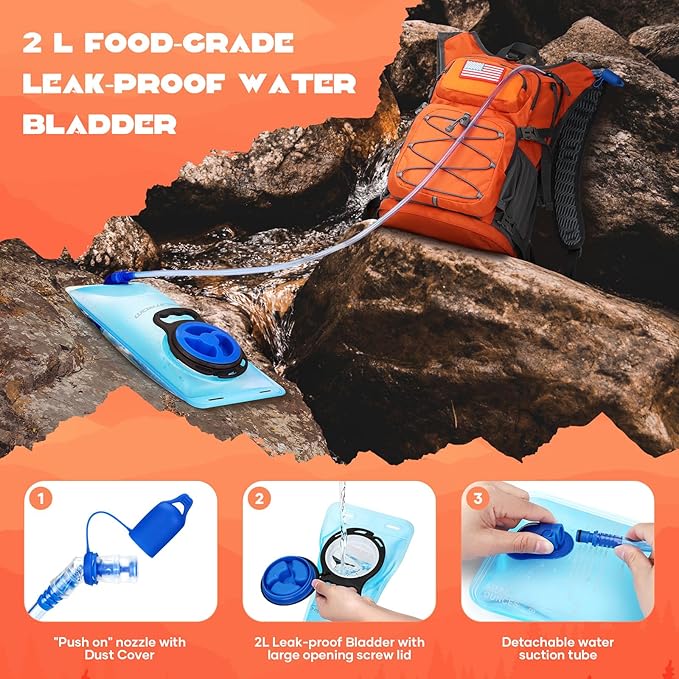 Maelstrom Hydration Hiking Backpack with 2L/3L Water Bladder, High Flow Bite Valve Water Backpack Men Women Lightweight Insulation for Hiking, Cycling, Running, Climbing, Camping
