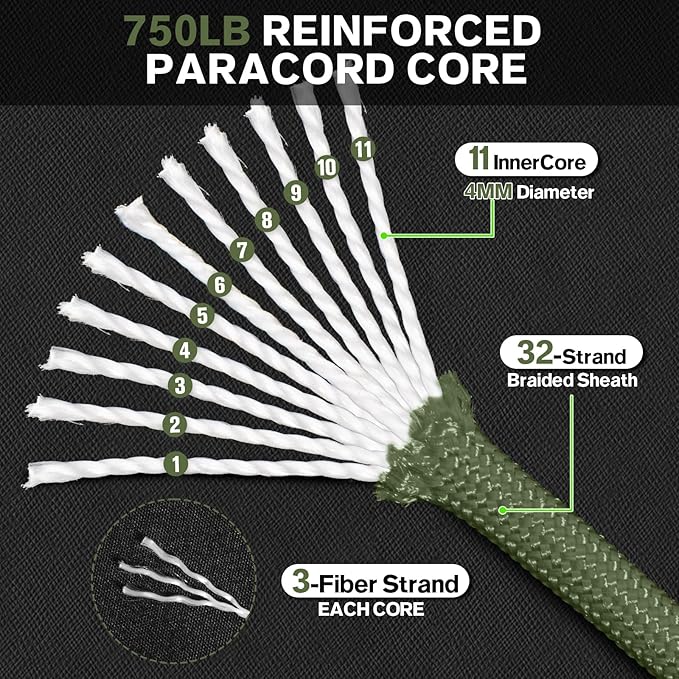 Paracord Rope 750 - Parachute para Cord 4mm 11 Strand Spool Rope Utility Nylon String for Outdoor Camping Survival Utility Tent Crafting DIY Projects - ArmyGreen 1000ft