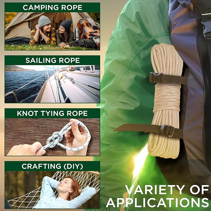 TECEUM Rope – 90 Feet x 3/8 Inch (10mm) – Beige – Strong All-Purpose Utility Rope – Camping, Crafting, Flag Pole, Indoor & Outdoor – Polypropylene Nylon Poly Lightweight Diamond Braided Cord