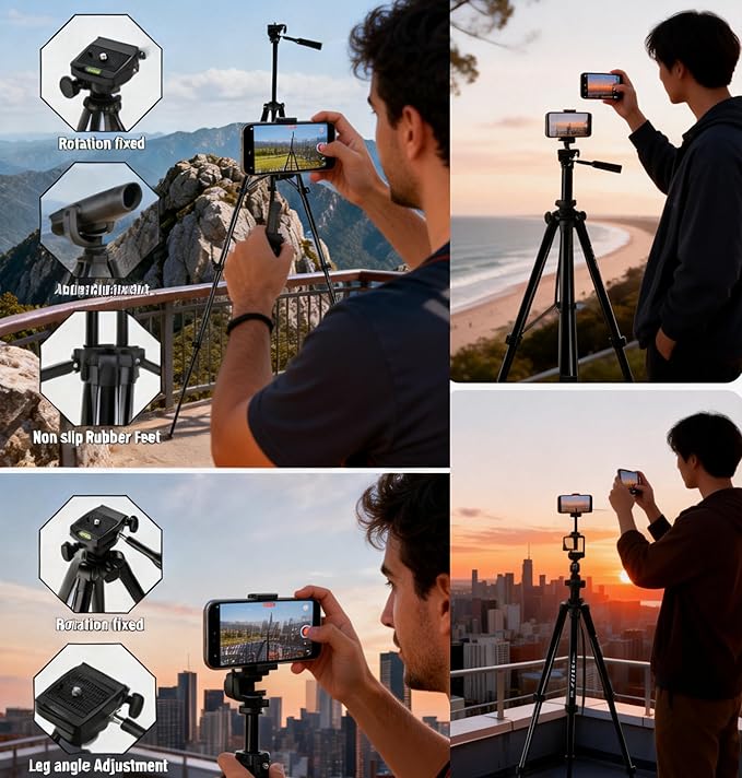 50" Aluminum Phone & Camera Tripod, Extendable Cell Phone Tripod Stand Compatible with iPhone/Android/Action Camera is Perfect for Live Streaming/Video Recording/Selfies