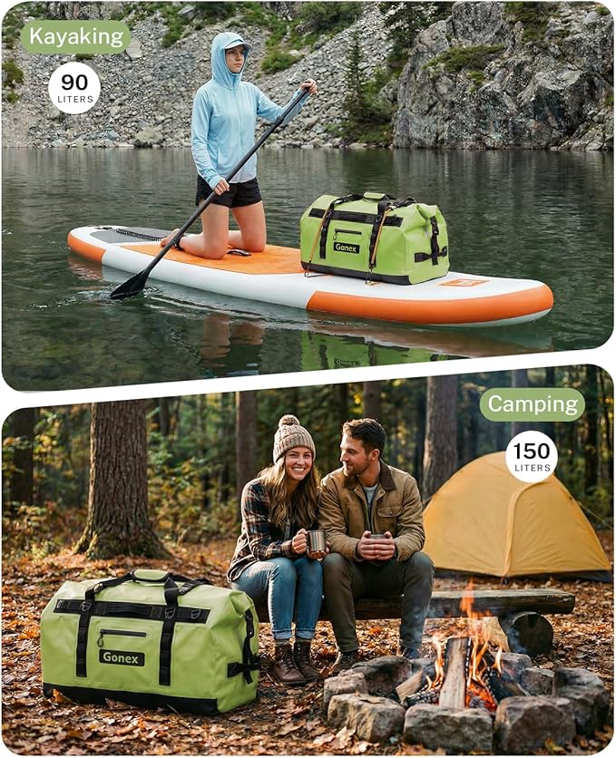 Gonex Waterproof Duffel Bag, 90L Heavy Duty Dry Duffle Bag with Reinforced Thickened Bottom, 3-in-1 Convertible Large Travel Backpack for Kayaking, Motorcycle, Camping & Boating, Army Green