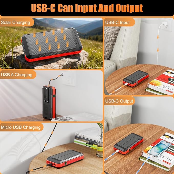 Solar Power Bank 33800mAh with Super Bright LED Flashlight, Built-in 4 Cables & Wireless Charging, Portable Charger with Compass, 7 Outputs & 4 Inputs for Camping/Hiking(Red)