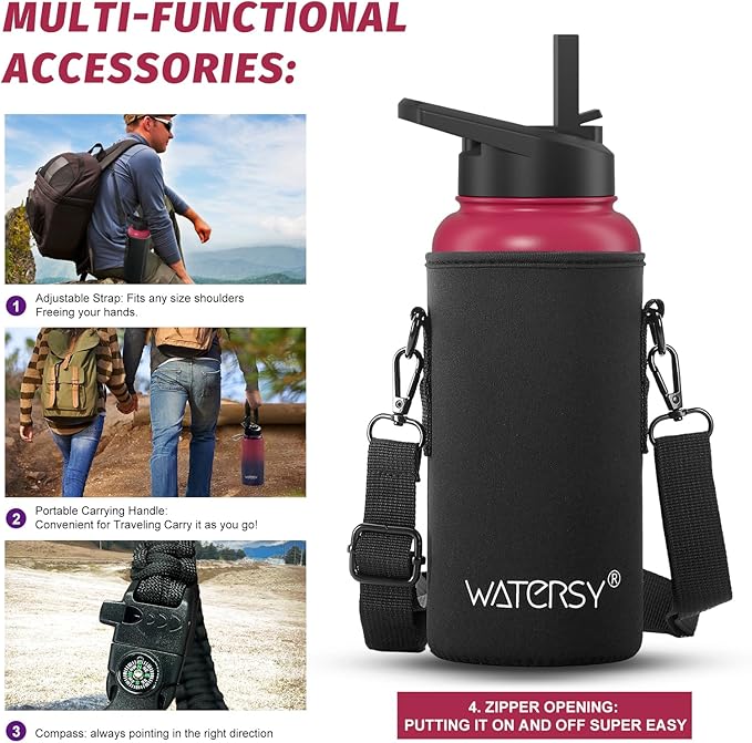32oz Insulated Water Bottle (Cold for 48 Hrs),BPA Free&Leak Proof,Stainless Steel Water Flask,Water Jug with Straw Spout Lids for Gym,Hiking,Travel,Red Purple