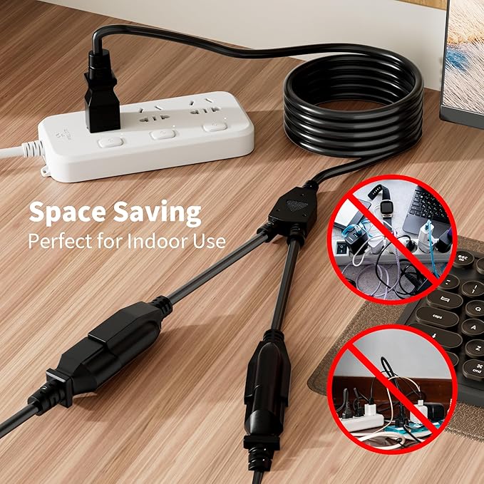 2 Way Power Cord Splitter Cable 10 Ft-3 Prong 1 to 2 Extension Cord-Outlet Saver-Elecan Male to Female Y Splitter Power Extension Cable Strip–UL Certified SJTW 16 Gauge 13 A/125 V–Black