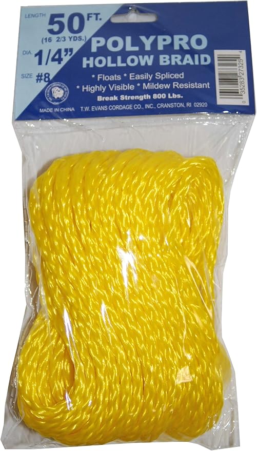 T.W Evans Cordage 1/4-Inch by 50-Feet Hollow Braid Polypro Rope, Yellow (Pack of 12)