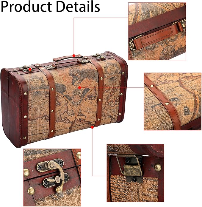 ELLDOO Vintage Wooden Storage Chest, Portable Decorative Luggage Suitcase, Treasure Chest Box with Map Pattern, Pirate Keepsakes Box for Gifts, Chest Storage Box for Decor Storage Travel
