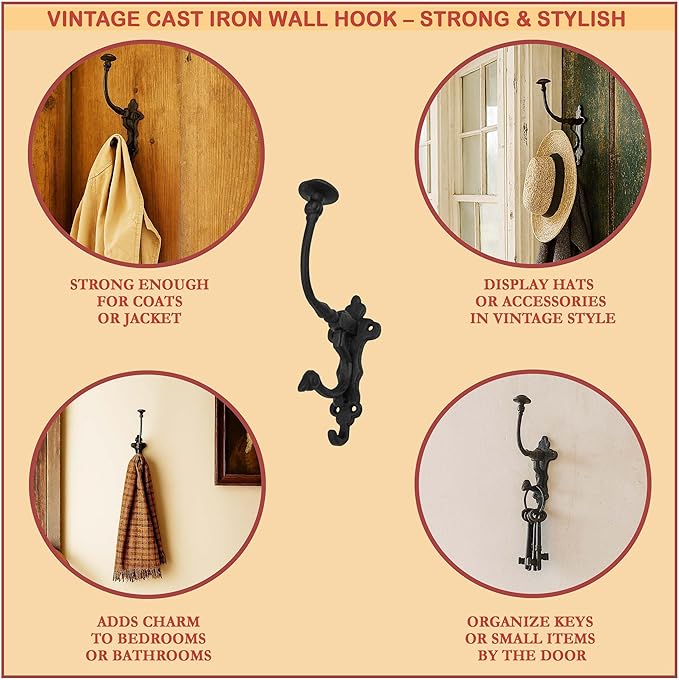 Mystic Colonial Rustic Cast Iron Wall Hooks – Heavy Duty Vintage Utility Hooks for Hanging Coats, Towels, Bags, Robes, Hats & More – Large Decorative Wall Mount Hanger, Pack of 10, Black