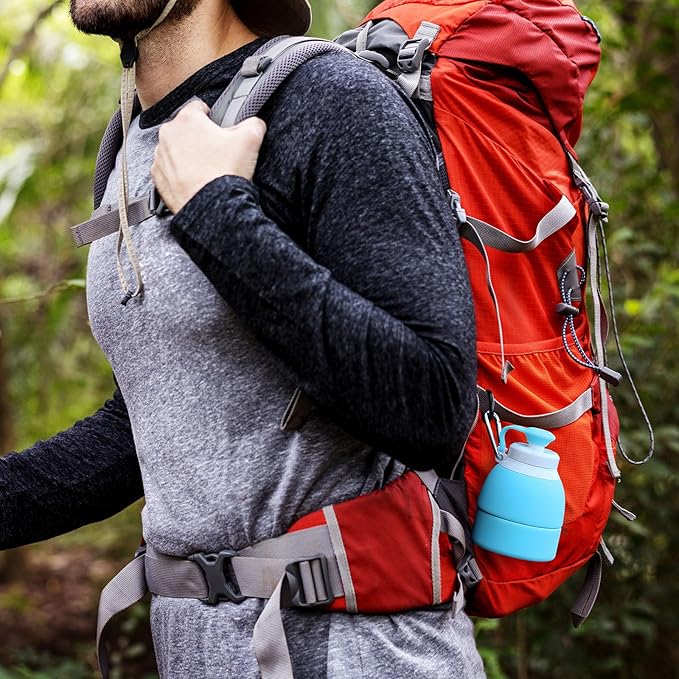 Collapsible Lightweight 20oz Water Bottle, Food-Grade Silicone BPA Free, Foldable Portable Leak Proof Office Travel Cycling Sports Outdoor Water Bottle with Vertical Hook (blue, long nozzle)
