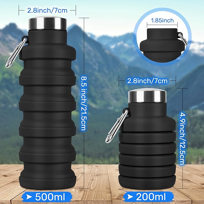 Collapsible Water Bottle, 16oz Portable Reusable Silicone Water Bottle, BPA-Free Leak-Proof Foldable Design with Carabiner, Lightweight Durable for Gym, Travel, Camping, Hiking, Sports(Blue+Gray)