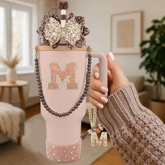 9PCS Brown for Stanley Cup Accessories Set Bling Initials Bow Charms for Stanley Decorations 30/40 Oz Tumbler Accessories Including Bow Straw Topper, Handle Strap, Spill Stopper（Letter M）