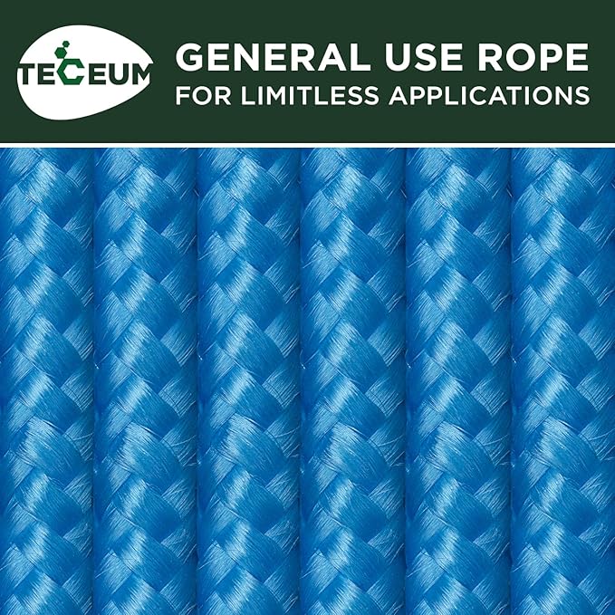 TECEUM Rope – 150 Feet x 1/4 Inch (7mm) – Sky Blue – Strong All-Purpose Utility Rope – Camping, Crafting, Flag Pole, Indoor & Outdoor – Polypropylene Nylon Poly Lightweight Diamond Braided Cord