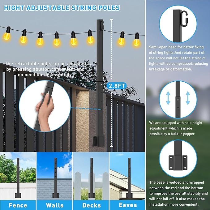 AHRLHR 6 Pack 2.8Ft String Light Poles,Light Poles for Outside Lights,Outdoor with Fence Brackets Hanging Lights,Metal Stand Deck Patio Backyard