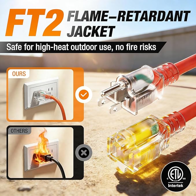 50 FT Outdoor Extension Cord Waterproof, 16/3 Gauge Heavy Duty 3 Prong Power Cord with Lighted Indicator End, 13A 125V 1625W SJTW, ETL Listed, Great for Lawn/Garden/Home(Orange)