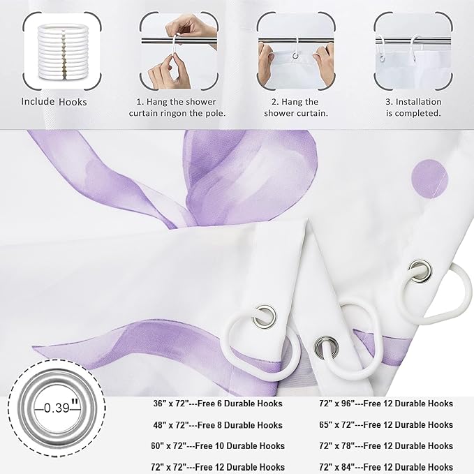 Purple Bow Shower Curtain, Lavender Modern Aesthetic Bowknot with Polka Dot Cute Girly Bathroom Curtain Waterproof Fabric Machine Washable with Hooks, 36" Wx72 L