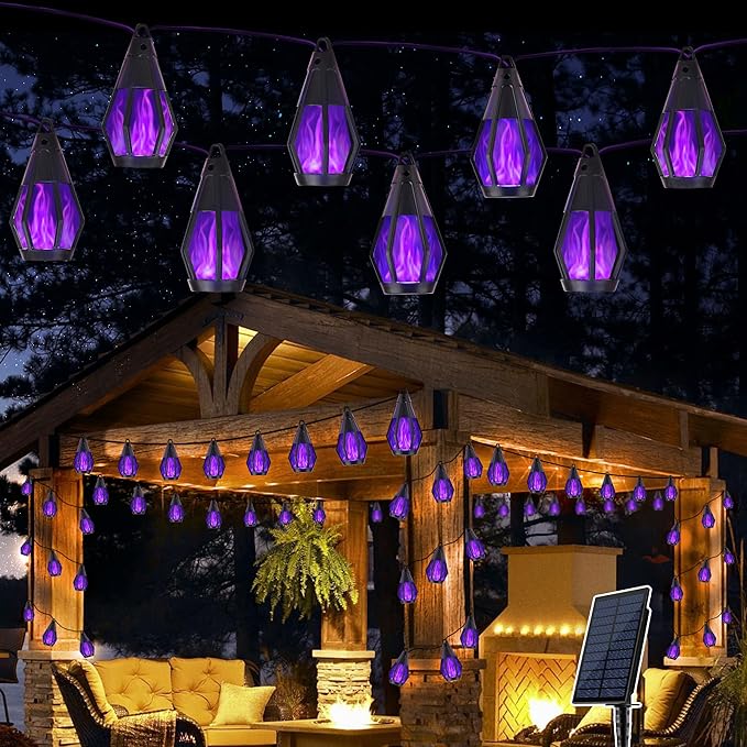 Solar String Lights for Outside, 21Ft Solar Patio Lights with 10 Flickering Flame Light Bulbs, Waterproof Purple Solar Powered Outdoor Lights for Garden Yard Patio Gazebo Bistro Cafe Porch Party Decor