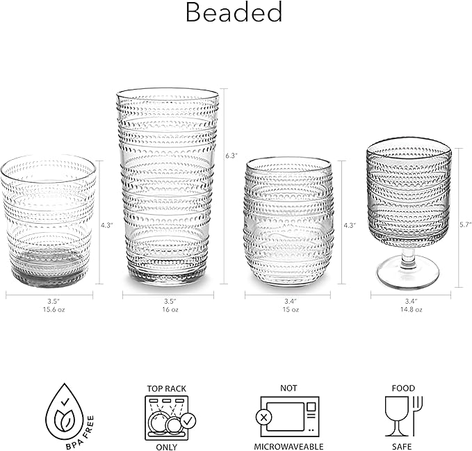 Beaded 16 oz Durable Acrylic Jumbo Drinking Glasses, Shatter-Resistant and Dishwasher-Safe Indoor/Outdoor Drinkware, Ideal for Water, Iced Tea, Juice, and Cocktails - Clear - Set of 6