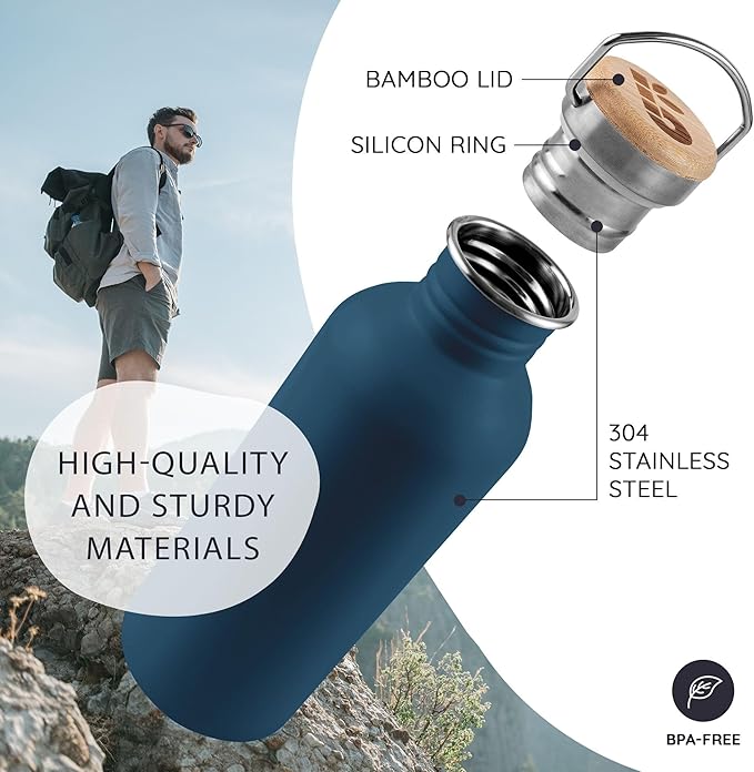 Bambaw Non-Insulated Stainless Steel Water Bottle 32oz (1 Liter) - Single Wall, Dishwasher Safe, With Handle, Reusable, Large - Aegean Blue