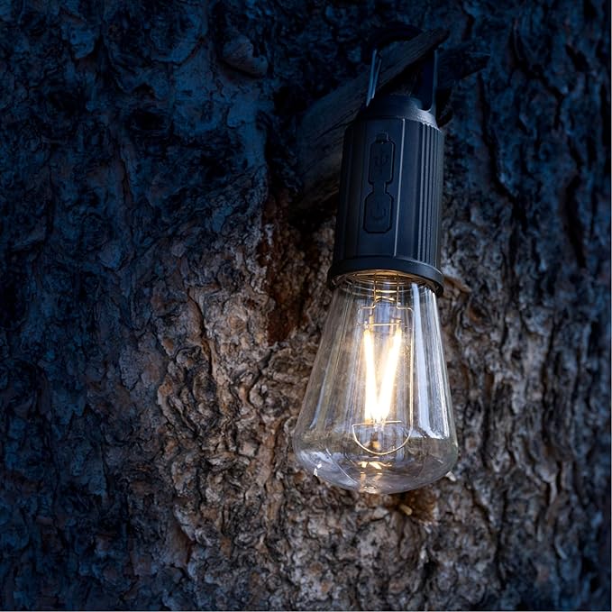2-Pack Rechargeable Camp Light, Warm White LED Conical Bulb, Battery Powered with USB-C, Shatterproof Globe on Carabiner, 3 Brightness Levels