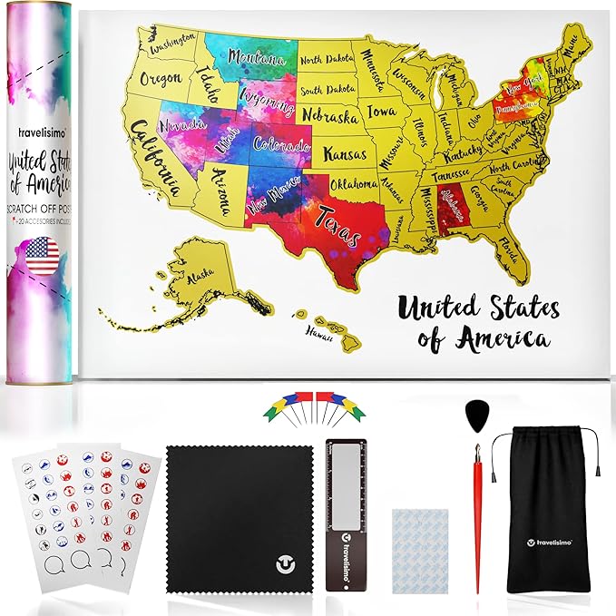 TRAVELISIMO Scratch Off Map of The United States, 12x17 inch Scratch USA with 25 Unique Accessories & Colorful Design, Perfect Scratch Map of United States for Travel, 50 States Travel Tracker