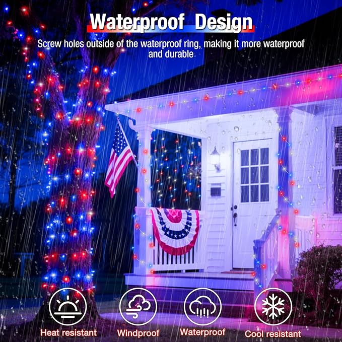 btfarm 4 Pack Red White and Blue Solar Fairy Lights, 4th of July Solar String Lights Outdoor Waterproof, 320LED 132FT Memorial Independence Day Patriotic Decorations for Outside Tree Garden Patio Yard