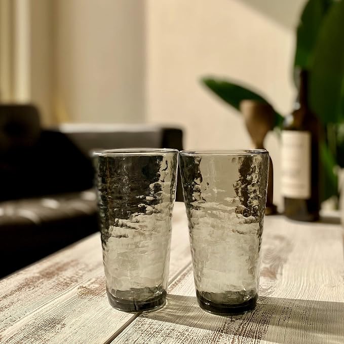 KLIFA- RIPPLE- 16 & 22.5 ounce, Set of 8, Acrylic Tumbler & Highball Drinking Glasses Cups, BPA-Free, Stackable Plastic Drinkware, Dishwasher Safe, Gray-Black