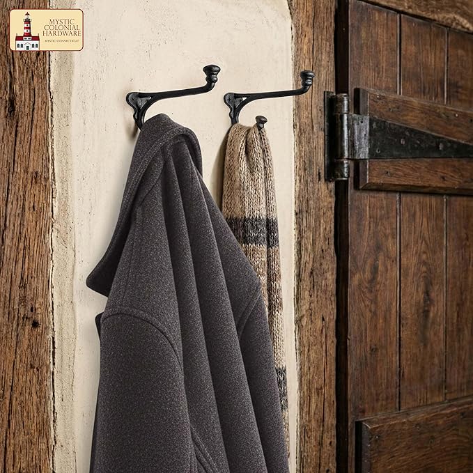 Mystic Colonial Rustic Cast Iron Wall Hooks Heavy Duty Retro Utility Hooks for Hanging Coat, Bag, Towel, Robe, Hat & More Decorative Wall Mount Hooks, Pack of 2, Black