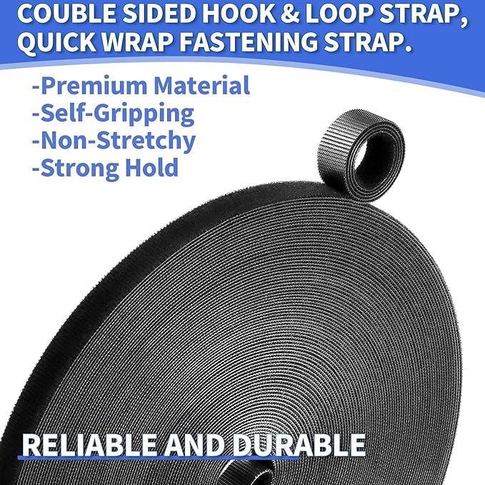 1/2In x 500Ft Reusable Cable Ties Hook and Loop Roll | Tie Down Straps, Nylon Double-Sided Strips, | Adjustable Multi-Purpose Wrap Fasteners forOffice, Home, Data Center