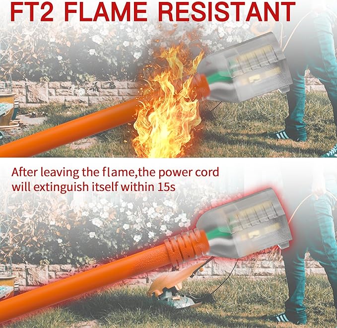 15 FT 12 Gauge Extension Cord Outdoor, Heavy Duty Weatherproof & Flame Retardant Orange 3 Prong Power Cord with Light, Outside for Lawn & Garden, 15 Amps 1875 Watts 125 VAC 12AWG SJTW, ETL Listed