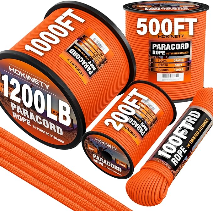 1200 Paracord Rope - 4.4mm 14 Strand Nylon Parachute Spool para Cord Lanyard for Outdoor Camping Survival Utility Tent Crafting DIY Projects Fishing Clothsline Bracelet - Orange 500FT