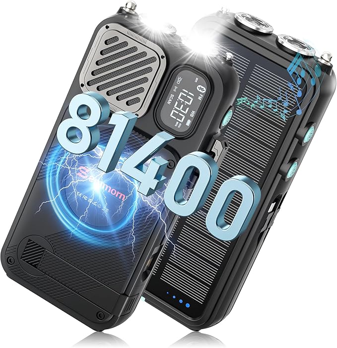 Emergency Radio&22000mAh Solar Power Bank, FM NOAA Weather Radio, Portable Hand Crank Bluetooth Radio, 20W Fast Charge Wireless Phone Charger, SOS Flashlight for Emergency/Home (Blue)