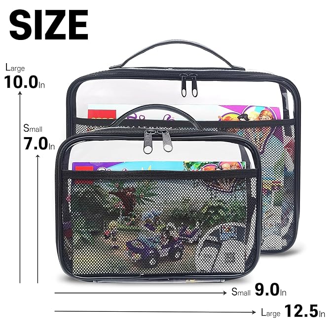 holay 4 Packs PVC Toy Storage Organizer with Zipper, Name Tag & Manual Pocket, Clear Durable Case for Blocks, Clay, Board Games, Travel (Black, Small, Large)