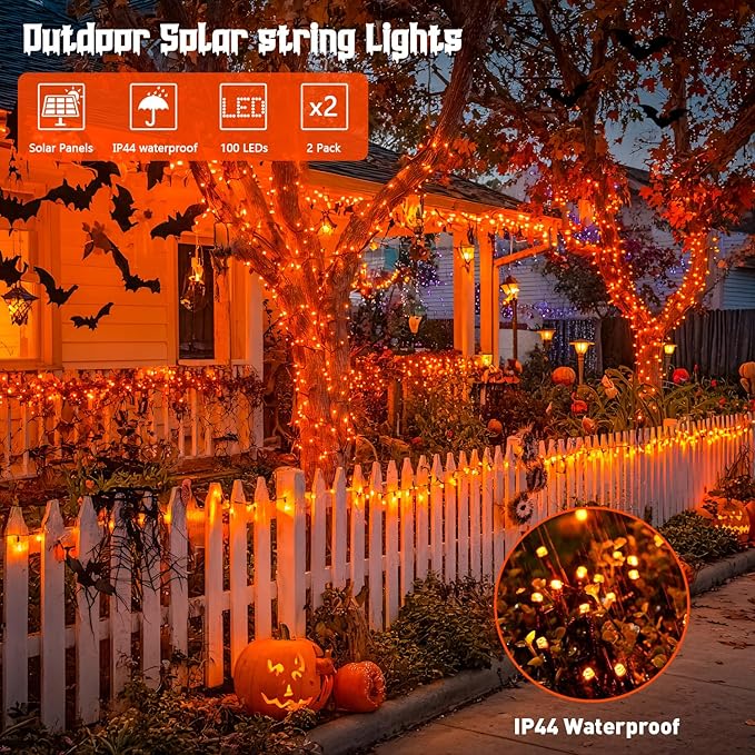 JMEXSUSS 2 Pack Solar String Lights Outdoor Waterproof, Total 66 FT 200 LED Solar Christmas Lights Outdoor, Twinkle Light for Christmas Tree Outside Garden Yard Xmas Decor, Orange