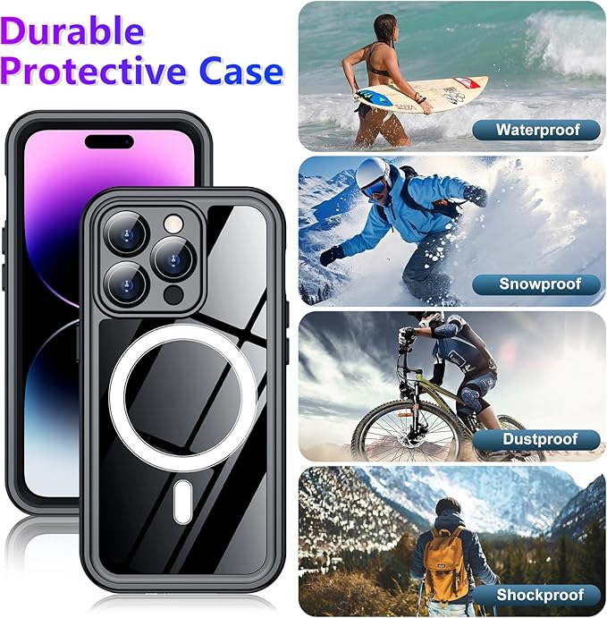 Temdan Compatible with iPhone 14 Pro Max Case Waterproof, Built-in Screen & Camera Protector IP68 Underwater Full Body 14FT Military Dropproof Shockproof Phone Case 6.7"-Black/Clear-Mag